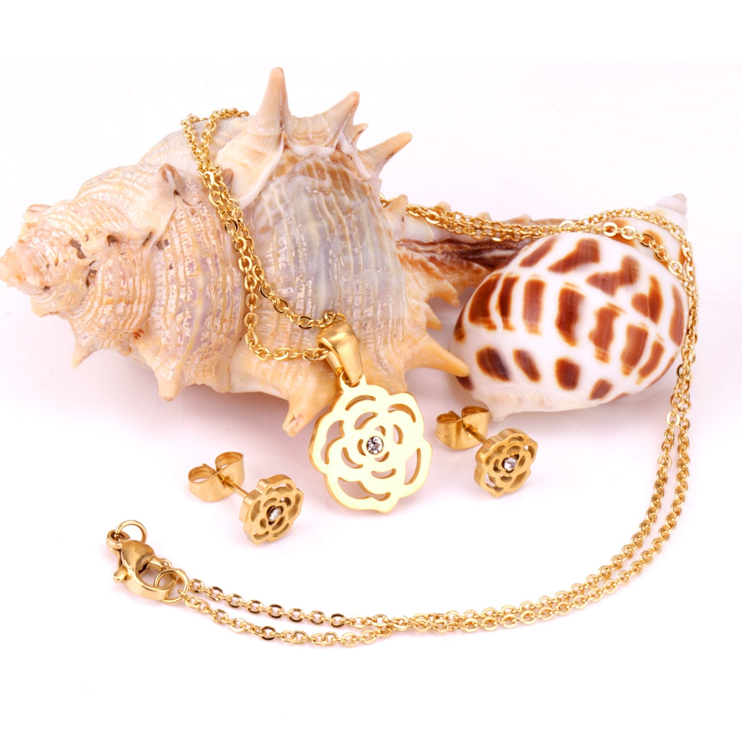 Flower Pendant Chain Necklace Earring Dubai Bridal Wedding Jewelry Sets