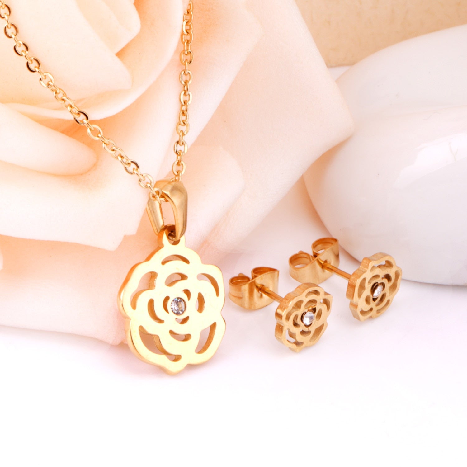 Flower Pendant Chain Necklace Earring Dubai Bridal Wedding Jewelry Sets