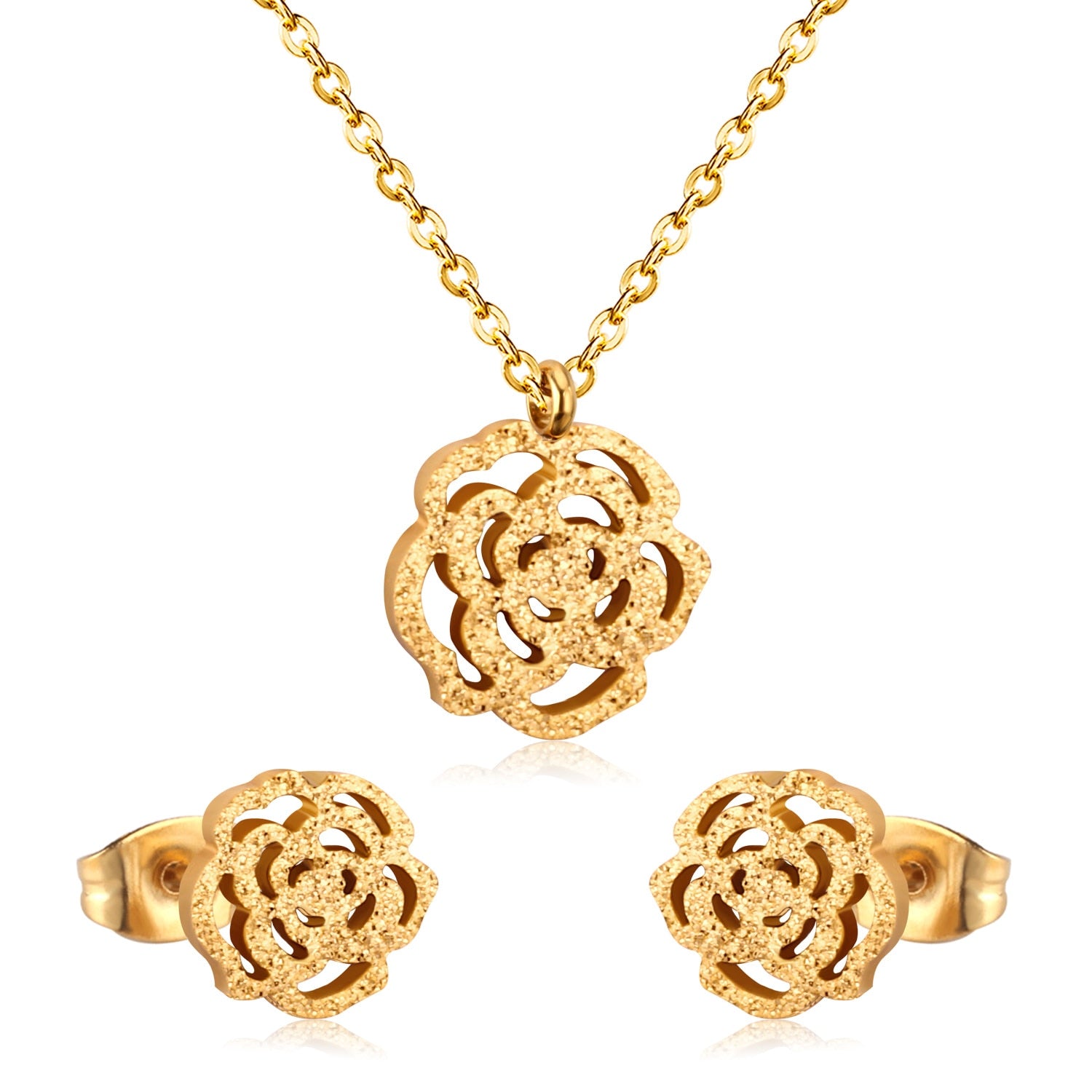 Flower Pendant Chain Necklace Earring Dubai Bridal Wedding Jewelry Sets