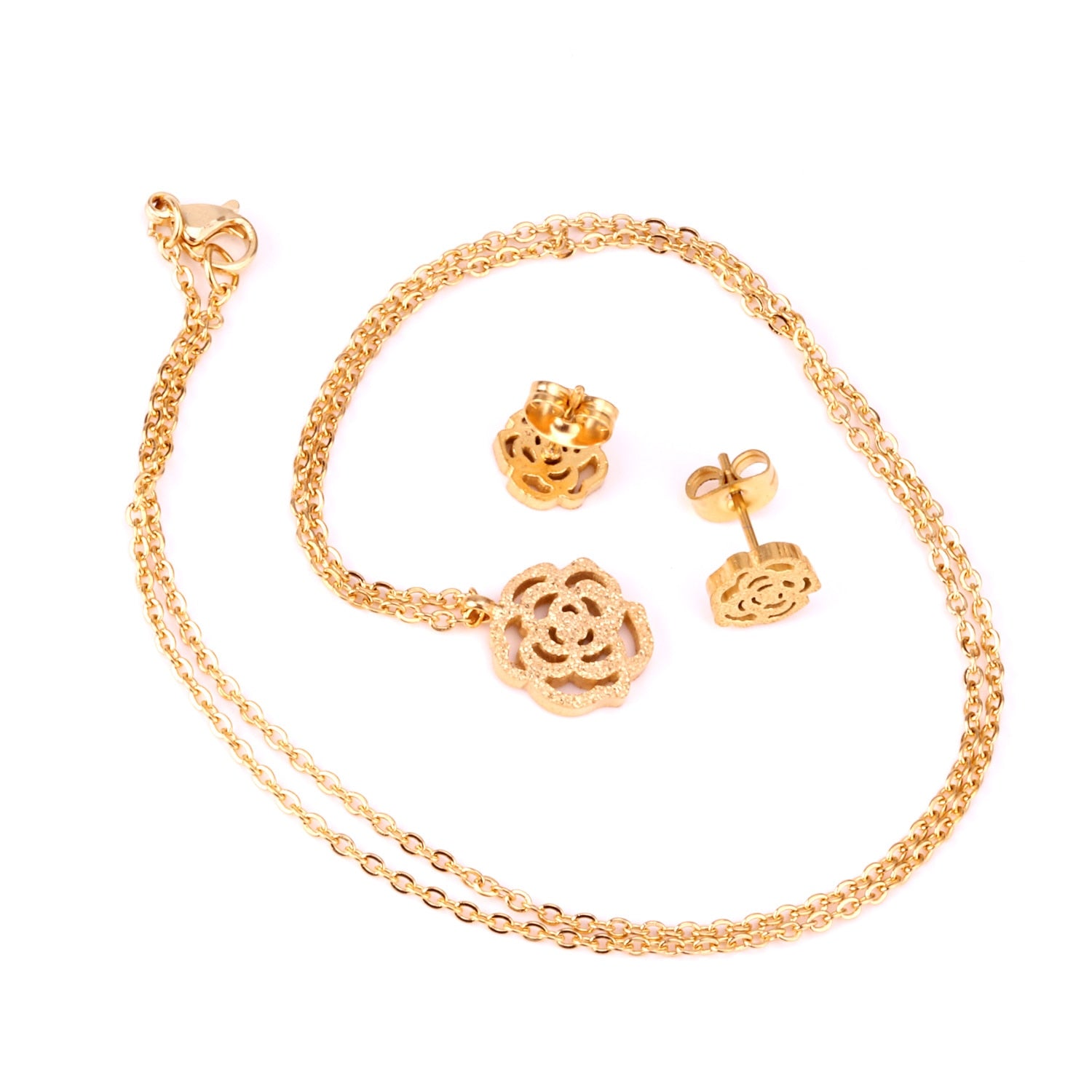 Flower Pendant Chain Necklace Earring Dubai Bridal Wedding Jewelry Sets