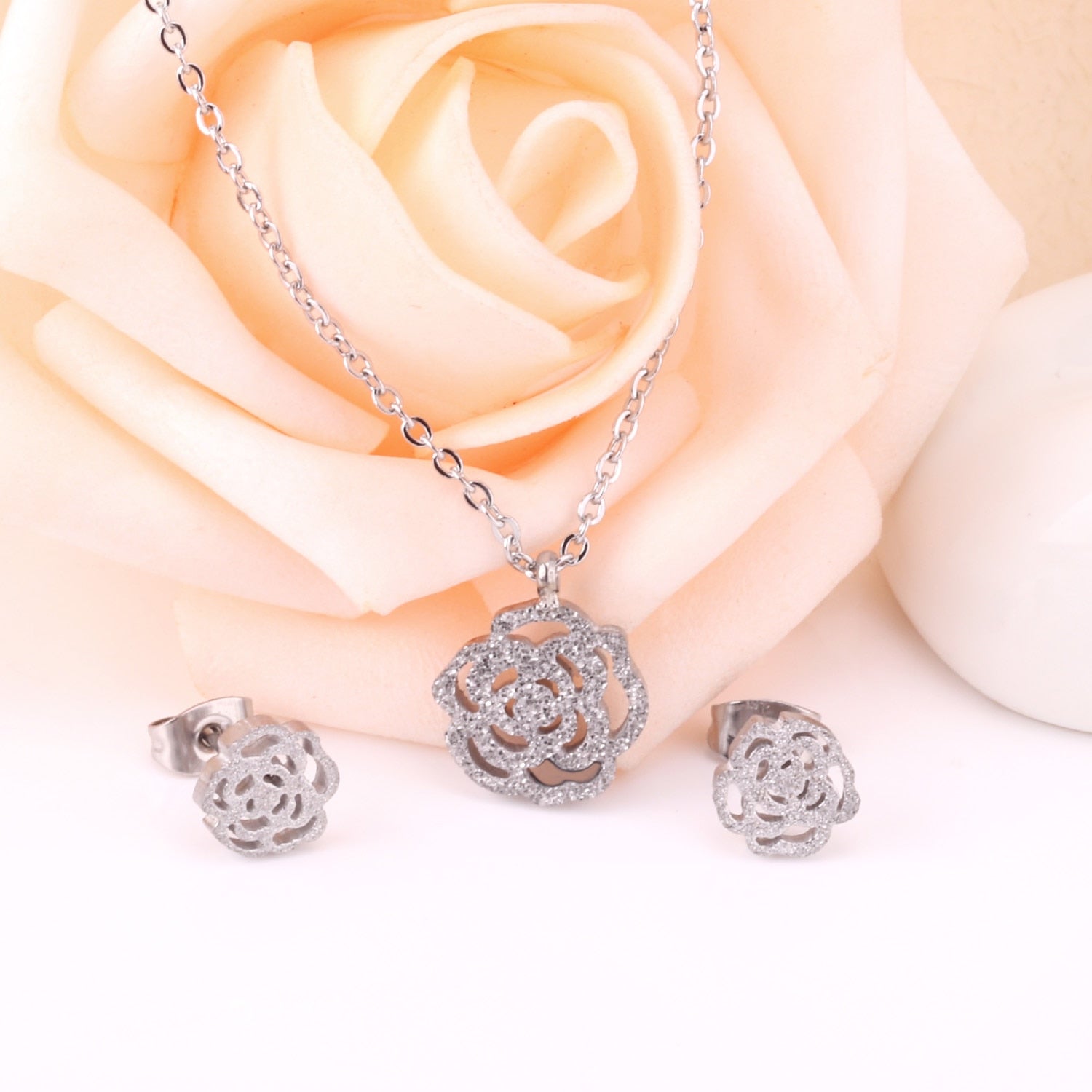 Flower Pendant Chain Necklace Earring Dubai Bridal Wedding Jewelry Sets