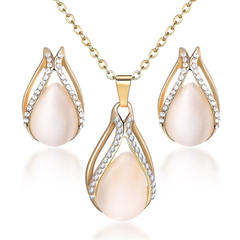 Cubic Zirconia Water Drop Necklace Pendant Earrings Set