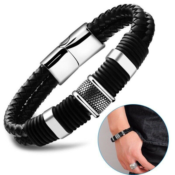 Pulsera de cuero con hebilla trenzada de acero y titanio