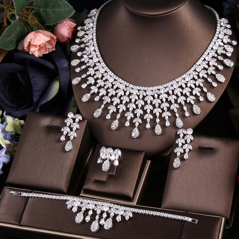4pcs Luxury Dubai Nigeria CZ Crystal Wedding necklace sets