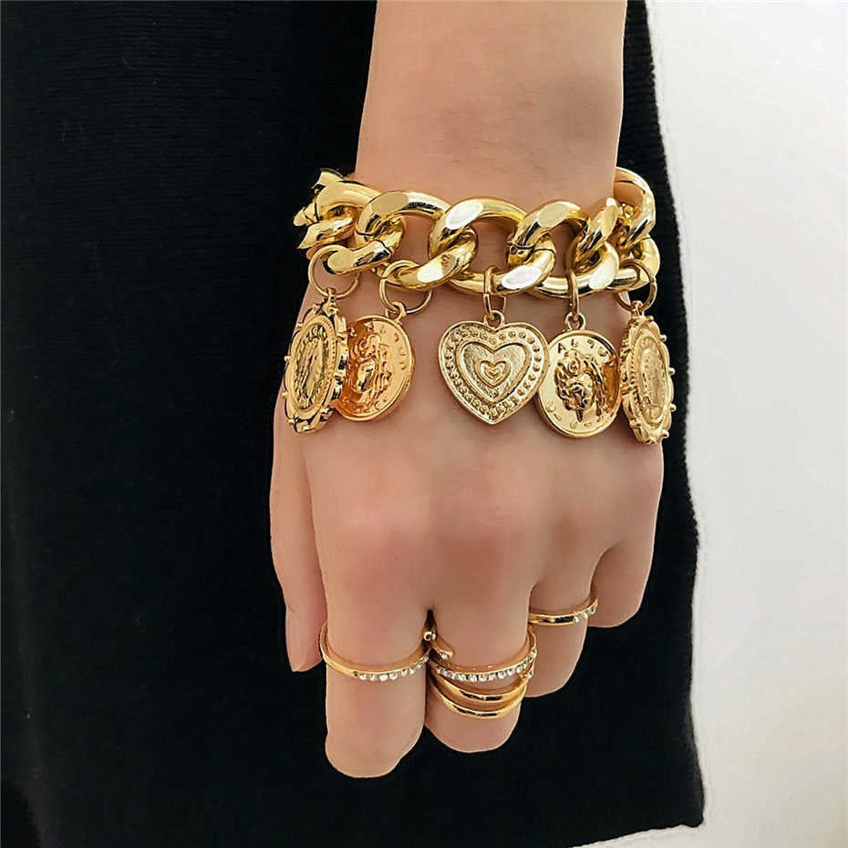 Punk Carved Coin Heart Bracelet Bangle