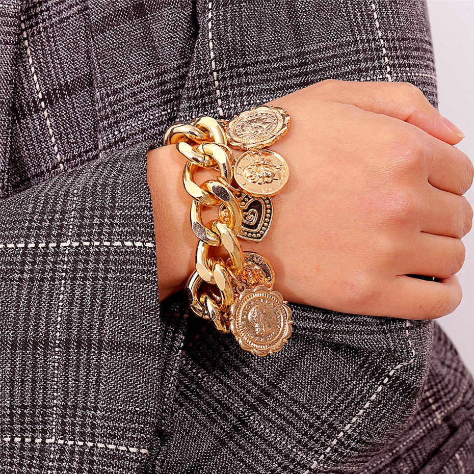 Punk Carved Coin Heart Bracelet Bangle