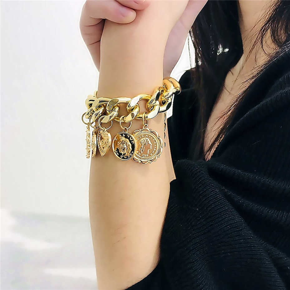 Punk Carved Coin Heart Bracelet Bangle