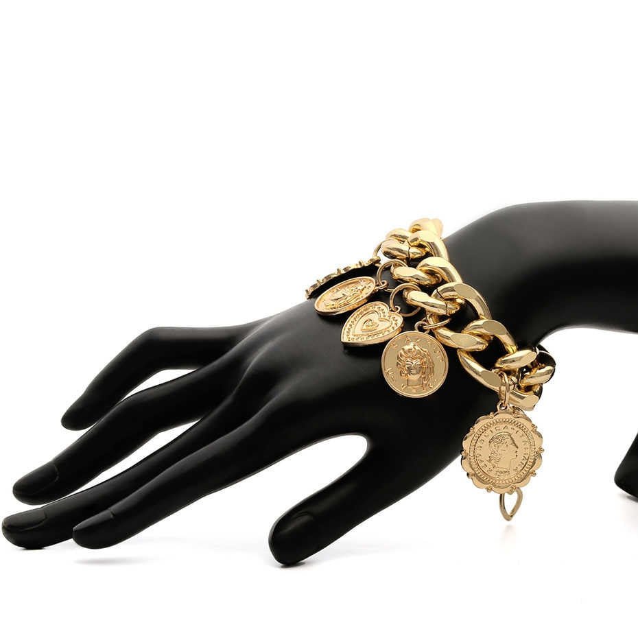 Punk Carved Coin Heart Bracelet Bangle