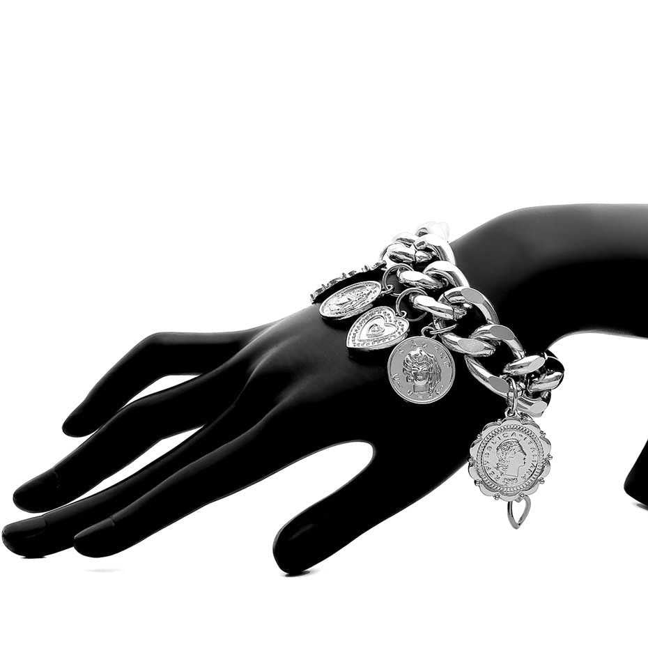Punk Carved Coin Heart Bracelet Bangle