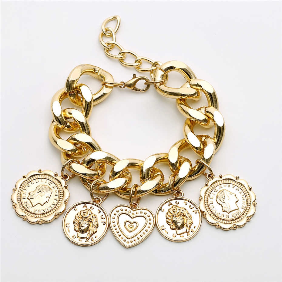 Punk Carved Coin Heart Bracelet Bangle