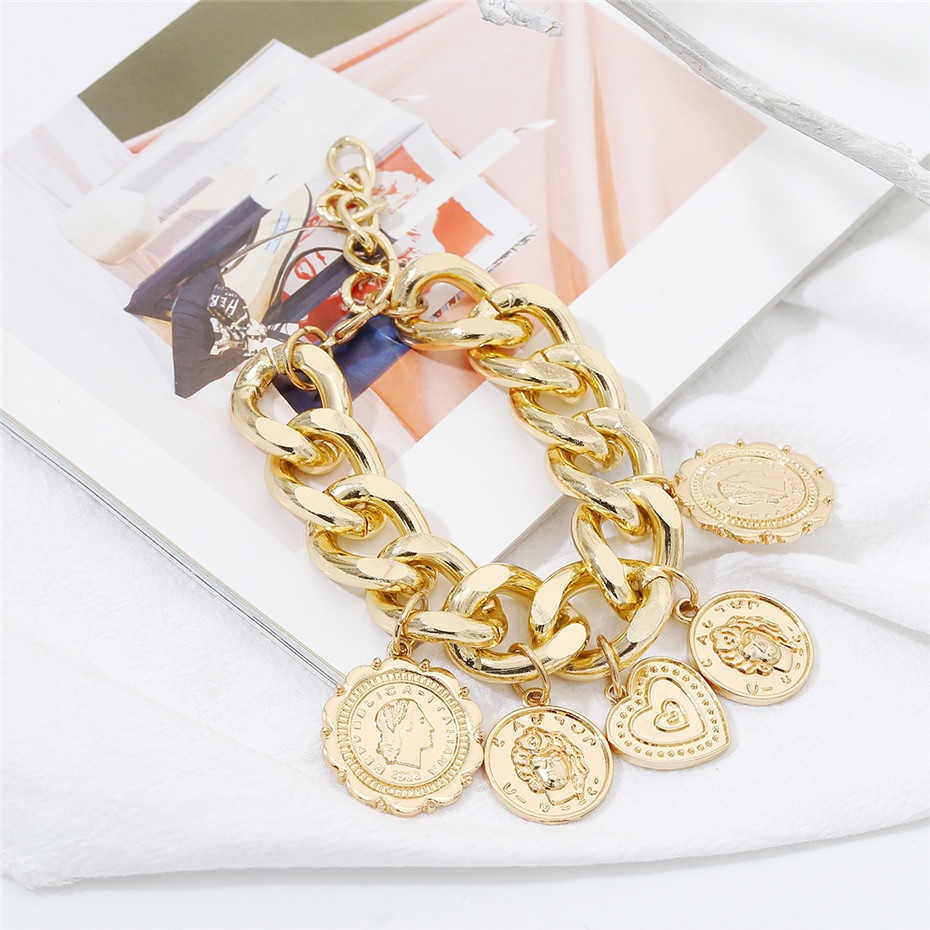 Punk Carved Coin Heart Bracelet Bangle