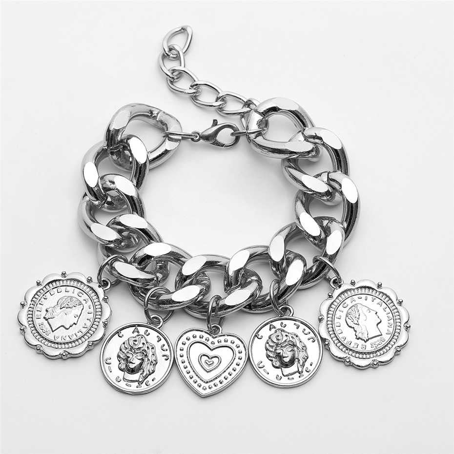 Punk Carved Coin Heart Bracelet Bangle