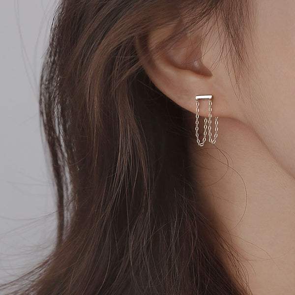 Silver Color Trendy Design Double Chain Tassel Stud  Earrings