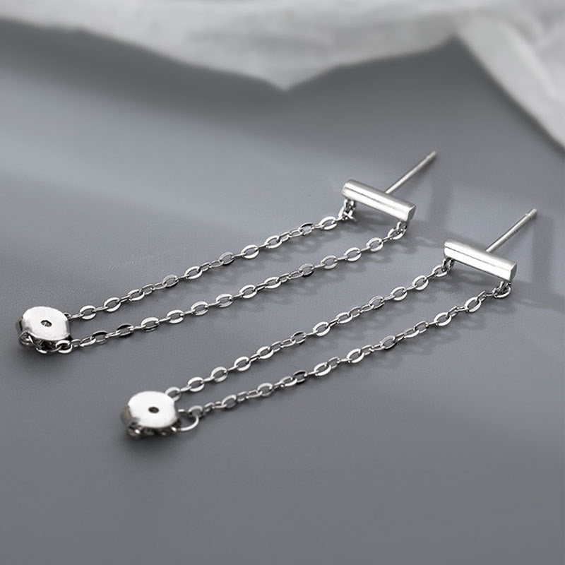 Silver Color Trendy Design Double Chain Tassel Stud  Earrings