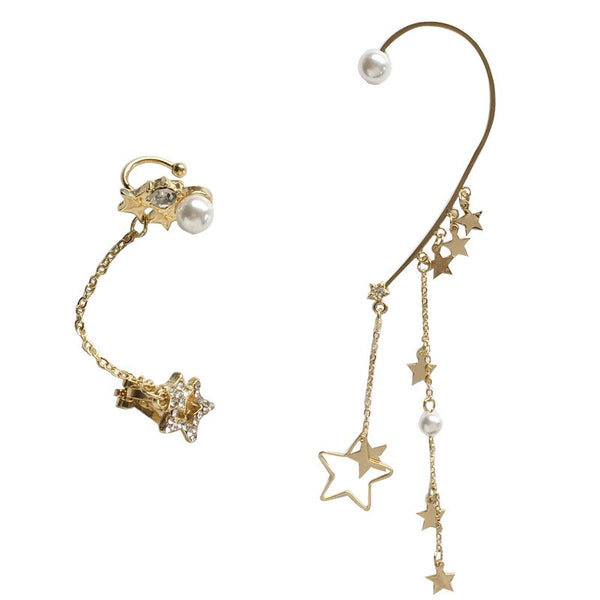 Korean Fashion Pearl Earrings Asymmetric Stars Tassel Earrings