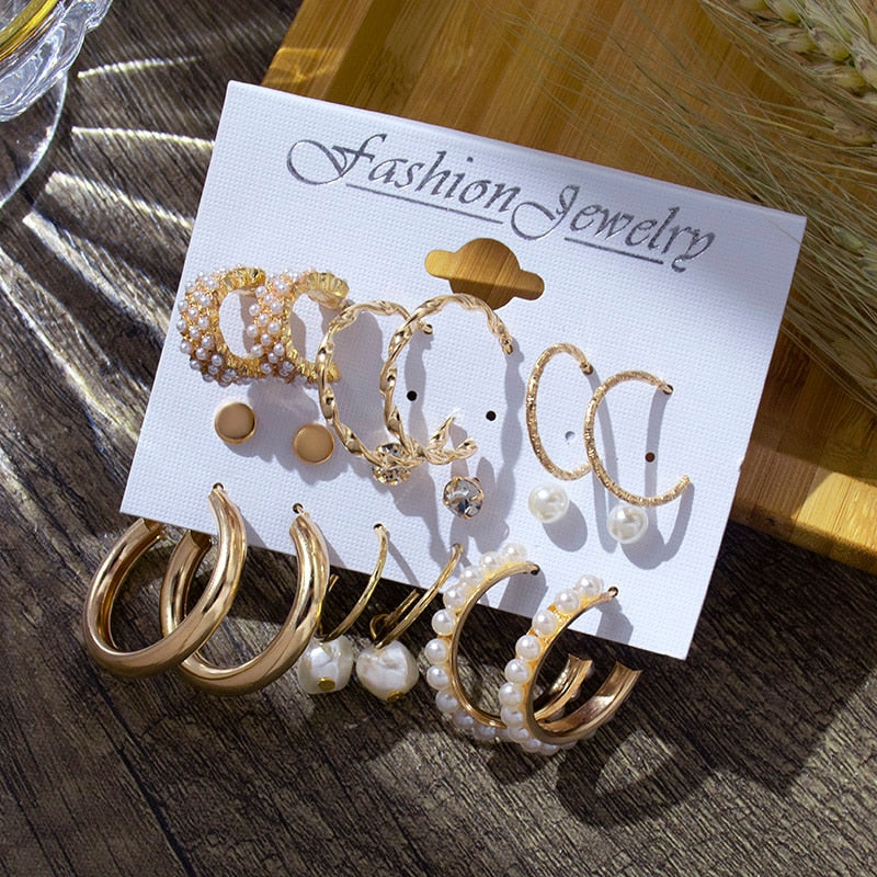 6/9 Pairs Big Hoop Pearl Earring Set