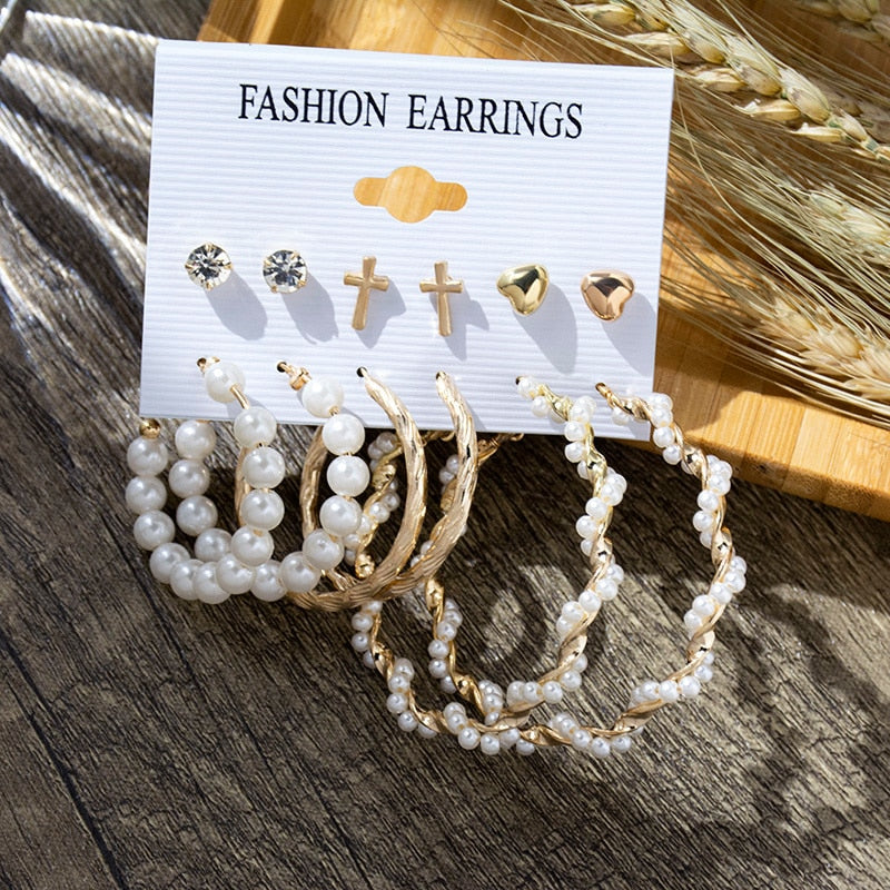 6/9 Pairs Big Hoop Pearl Earring Set