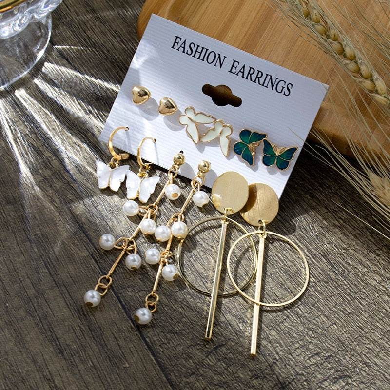 6/9 Pairs Big Hoop Pearl Earring Set