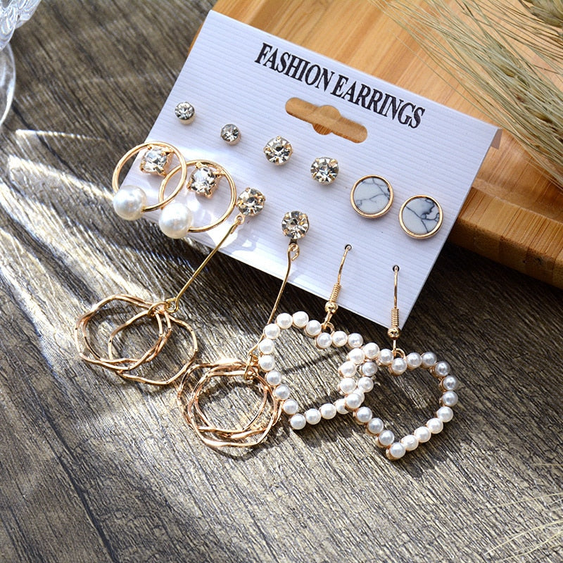 6/9 Pairs Big Hoop Pearl Earring Set