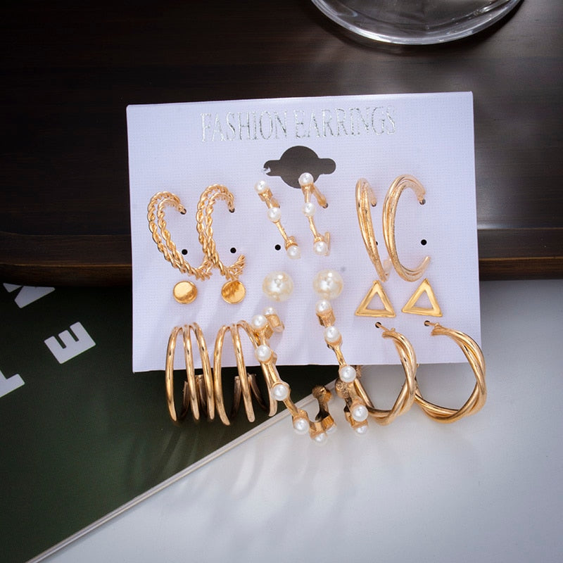 6/9 Pairs Big Hoop Pearl Earring Set