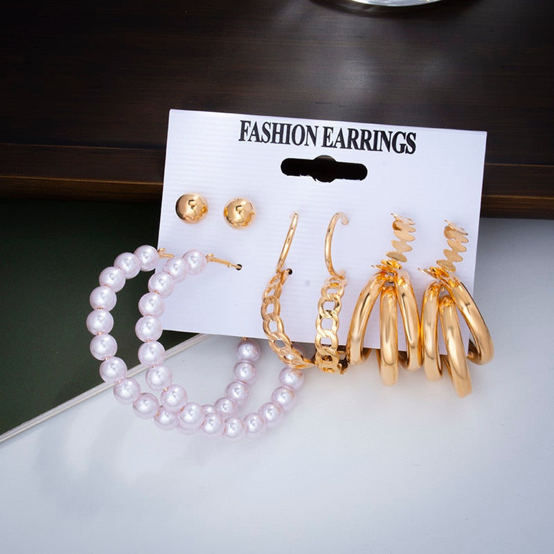 6/9 Pairs Big Hoop Pearl Earring Set