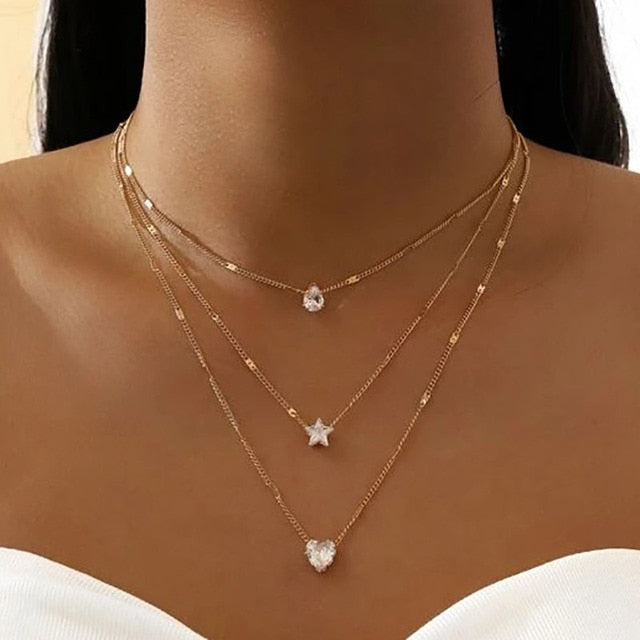 Boho Simple Moon Star Heart Pendant Necklace
