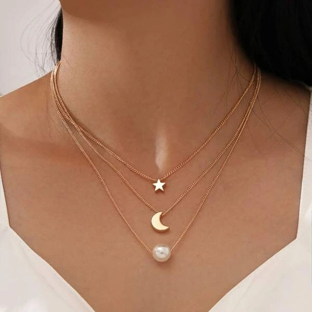 Boho Simple Moon Star Heart Pendant Necklace