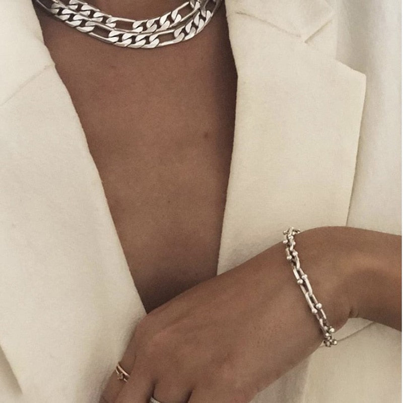 New HipHop U-shaped Stitching Necklace Earrings Bracelet Set