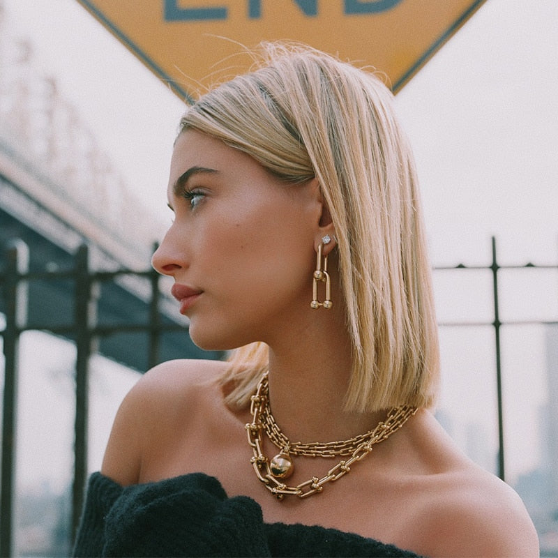 New HipHop U-shaped Stitching Necklace Earrings Bracelet Set