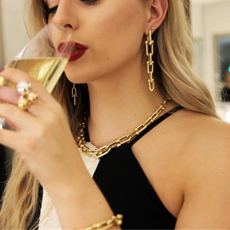 New HipHop U-shaped Stitching Necklace Earrings Bracelet Set