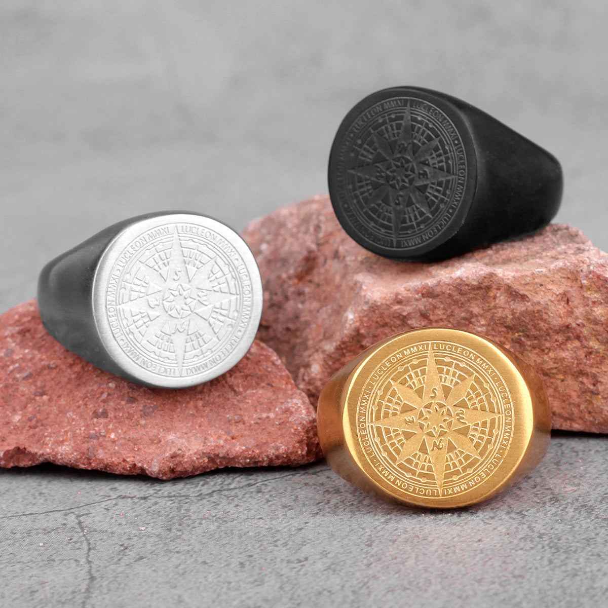 Compass World Map Gold Black Men Rings