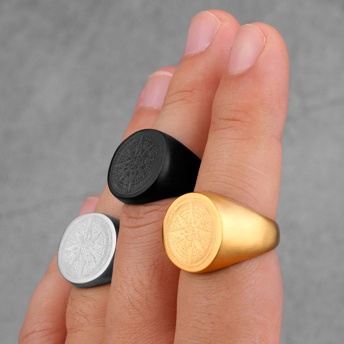 Compass World Map Gold Black Men Rings