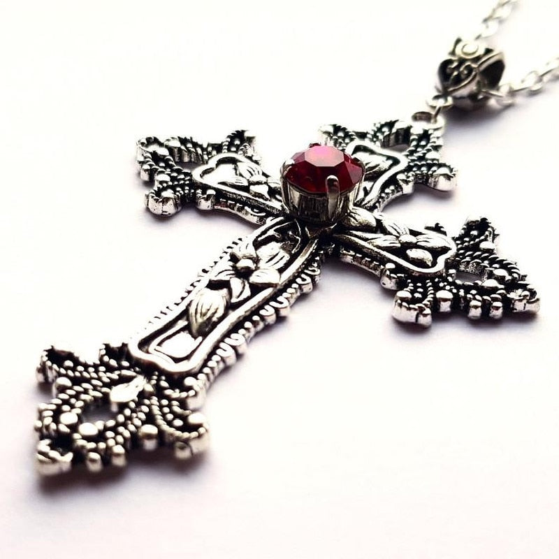 Large Detailed Cross Drill Pendant Jewel Necklace