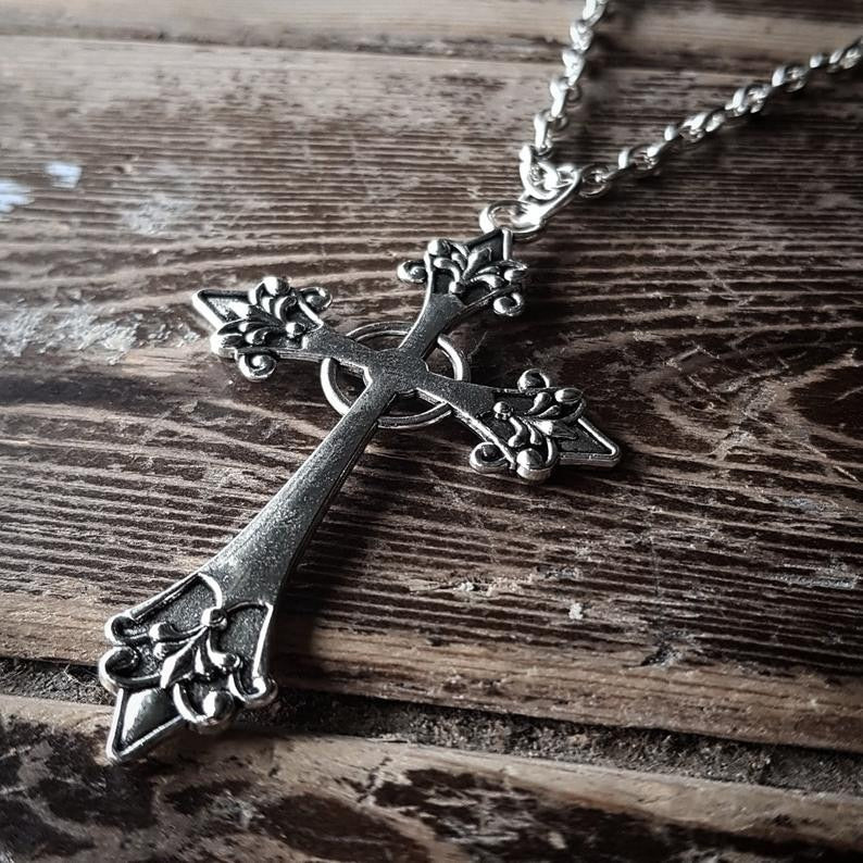 Large Detailed Cross Drill Pendant Jewel Necklace