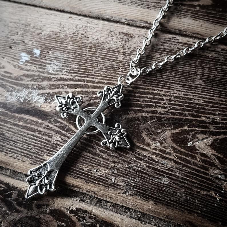 Large Detailed Cross Drill Pendant Jewel Necklace