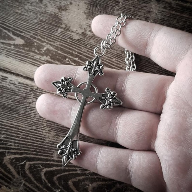 Large Detailed Cross Drill Pendant Jewel Necklace