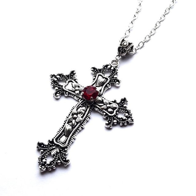 Large Detailed Cross Drill Pendant Jewel Necklace