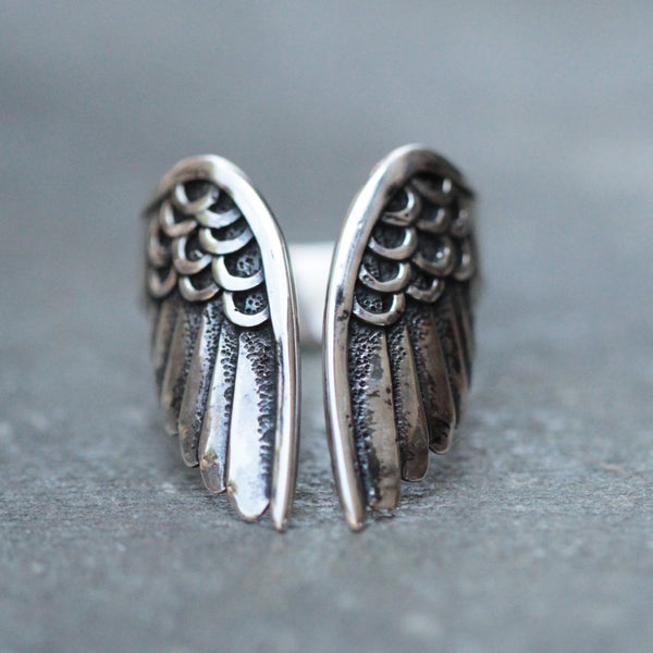 Anillos de dedo steampunk con alas de ángel vintage para hombre, bañados en plata