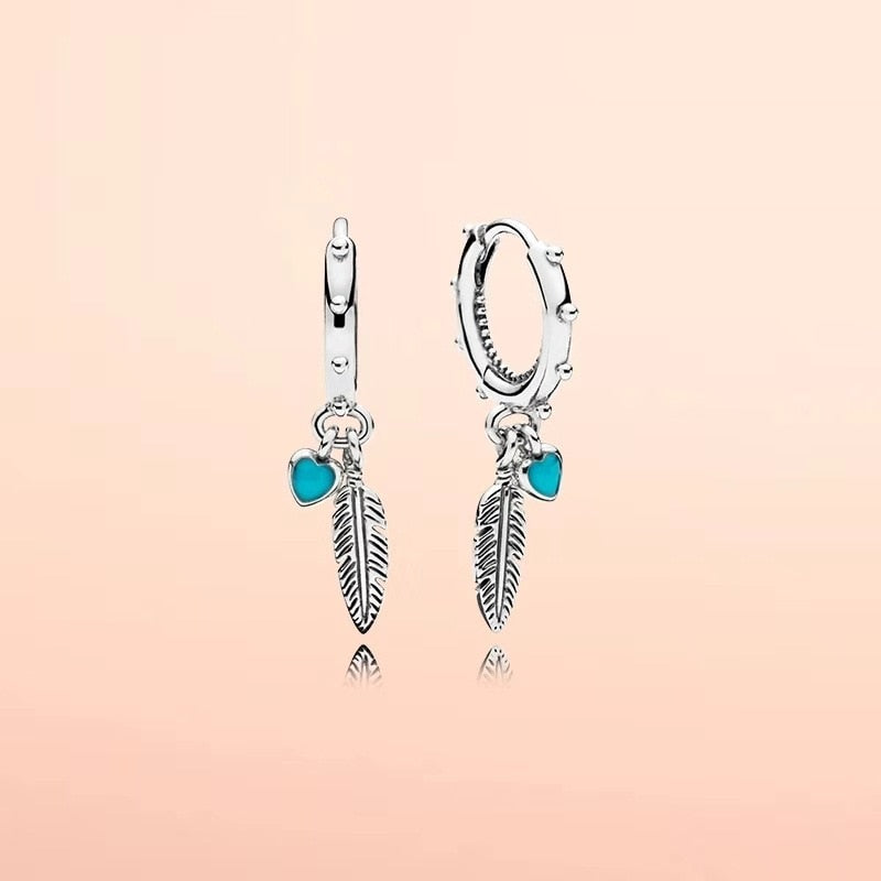 Fashion Silver Color Earings For Women Feather Hear Pendant Earring