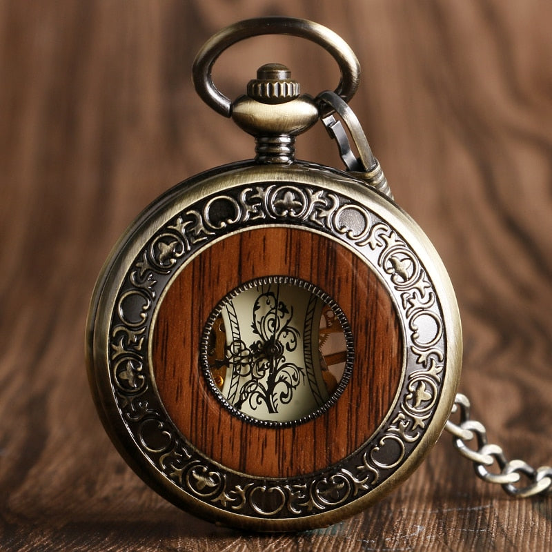 Vintage Wood Mechanical  Roman Numerals Creative Carving Flower Dial Pocket Watch