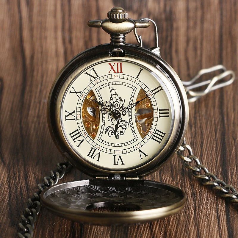Vintage Wood Mechanical  Roman Numerals Creative Carving Flower Dial Pocket Watch