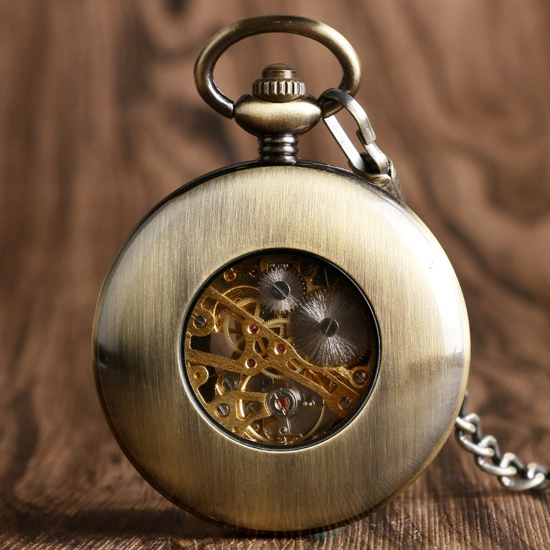 Vintage Wood Mechanical  Roman Numerals Creative Carving Flower Dial Pocket Watch