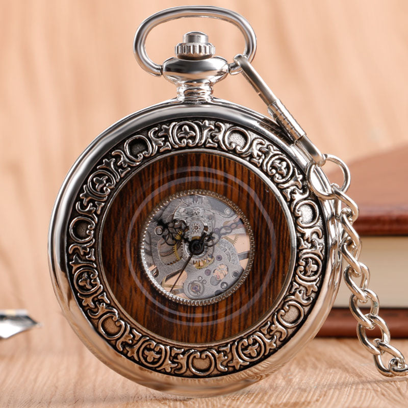 Vintage Wood Mechanical  Roman Numerals Creative Carving Flower Dial Pocket Watch