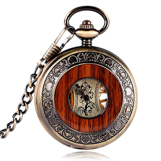 Vintage Wood Mechanical  Roman Numerals Creative Carving Flower Dial Pocket Watch