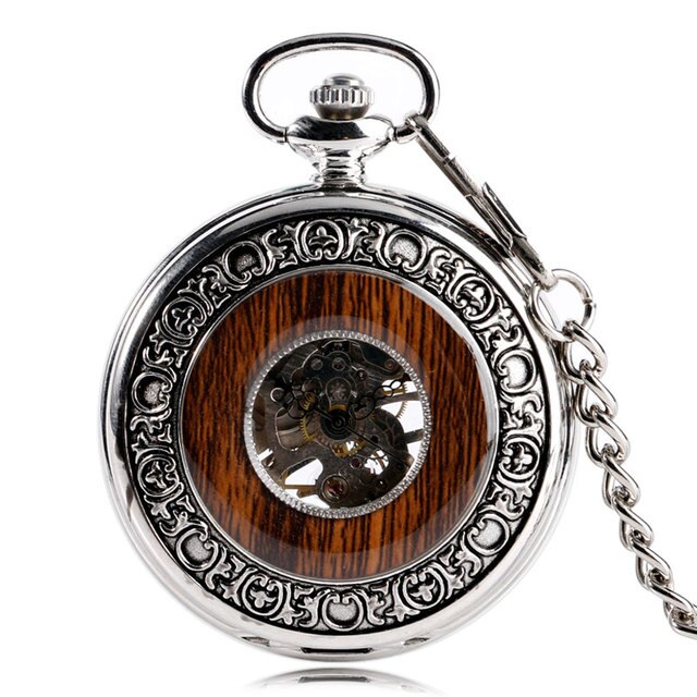 Vintage Wood Mechanical  Roman Numerals Creative Carving Flower Dial Pocket Watch