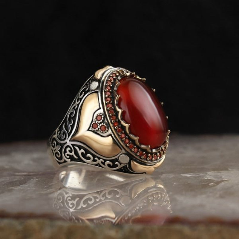 Vintage  Middle East Arabic Style Ancient Metal Red Garnet Stone Flame Ring