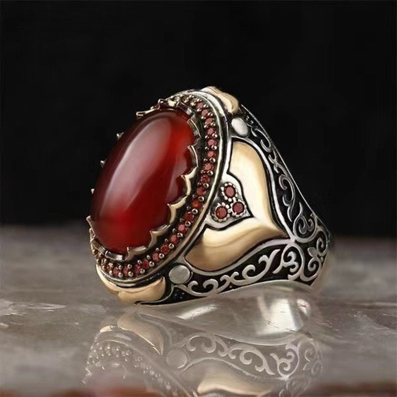 Vintage  Middle East Arabic Style Ancient Metal Red Garnet Stone Flame Ring