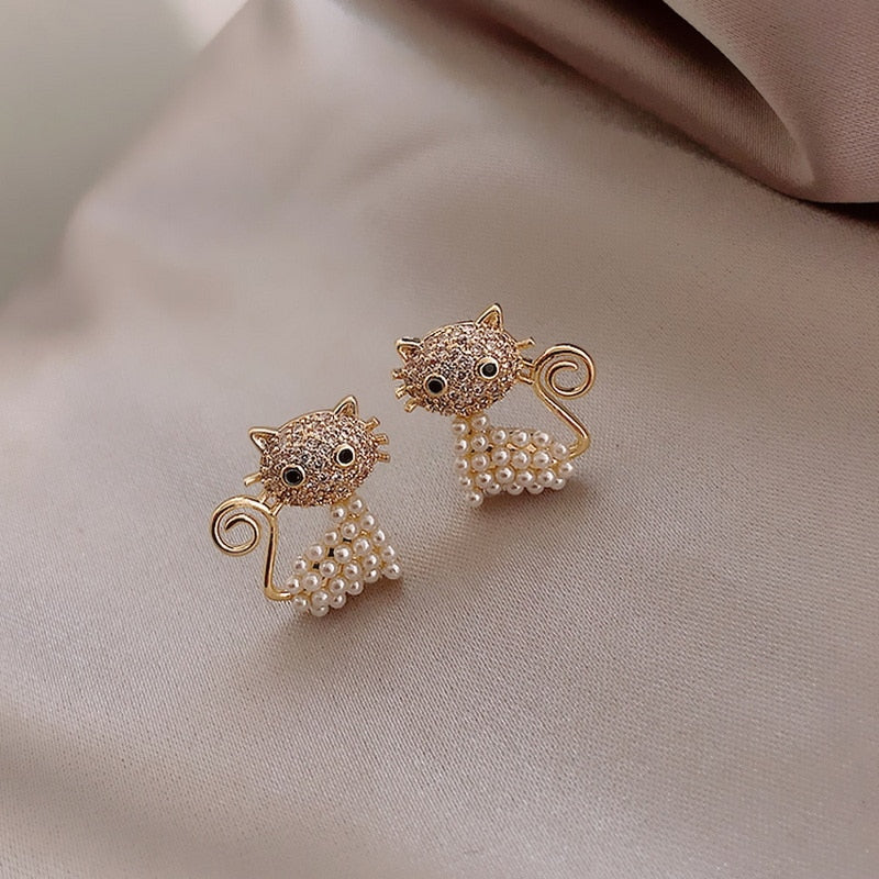 Cute Animal Stud Earrings For Women Cat Simulated Pearl Earring