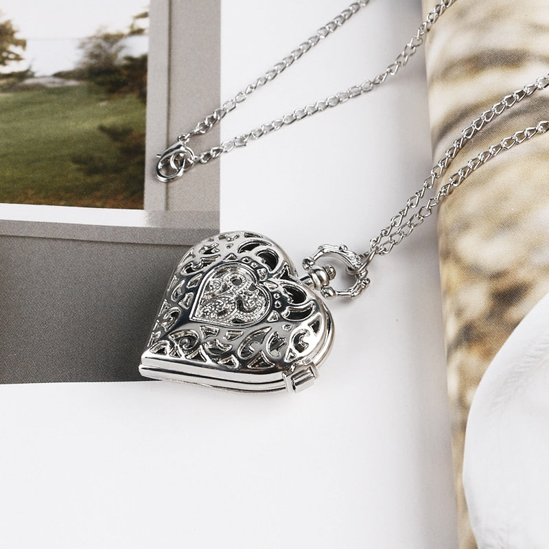 Fashion Silver Heart Shaped Lovely Hollow Elegant Quartz Pocket Watch