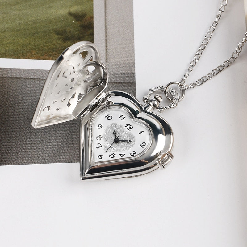 Fashion Silver Heart Shaped Lovely Hollow Elegant Quartz Pocket Watch